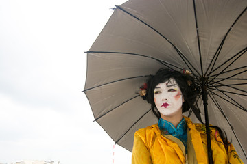Japan, Geisha, looking, umbrella, kimono, yellow