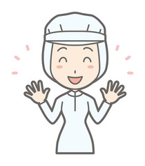 A female worker wearing white sanitary clothing is spreading his hands