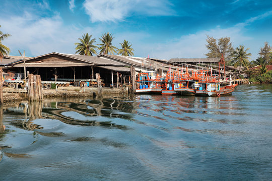 Chumphon, Thailand - 9 February 2014: Fishing boats at the coastal fishing villages. Preparation sea fishing