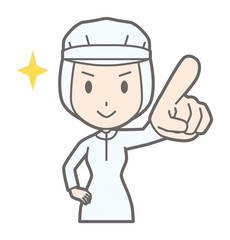 A female worker wearing white sanitary clothes points towards the front