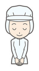 Female workers wearing white sanitary clothes smile and bow