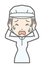 A female worker wearing white sanitary clothes is crying with his hand on his head