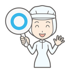 A female worker wearing white sanitary clothes has a circle tag