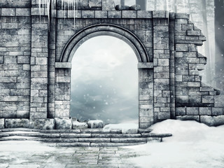 Fototapeta Ruiny zamkowej bramy pod śniegiem obraz