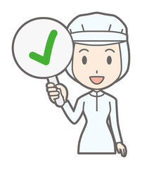 A female worker wearing white hygiene clothes has a checkmark tag