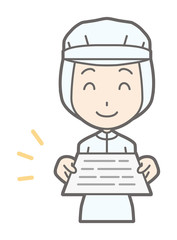 A female worker wearing white sanitary wears out the document