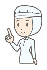 A female worker wearing white sanitary clothes is pointing