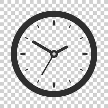 Clock icon in flat style, black timer on transparent background, business watch. Vector design element for you project