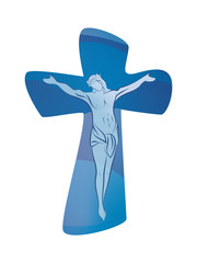 Christian cross with crucified jesus on blue background. Crucifix. Crucifixion. Religious sign. Multiple.exposure