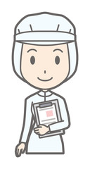 A female worker wearing white sanitary clothes has a file