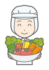 Female workers in white hygiene clothes have vegetables