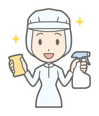 Female workers wearing white sanitary clothes are cleaning