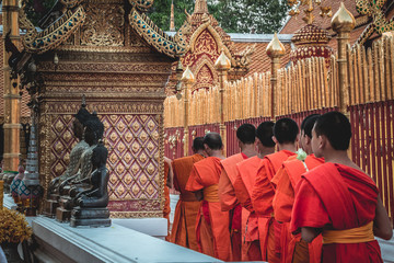 Monks Praiyng and Walking Around a Buddhist Temple