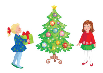 green christmas tree with girls