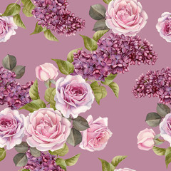 Floral seamless pattern with watercolor lilac and roses