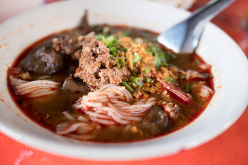 Rice noodles with spicy pork sauce, Northern Thai food, kanom Jeen Nam Ngeaw