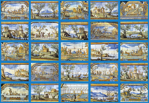 Napoli, Chiostro Maiolicato di Santa Chiara. Collage di sedili maiolicati. 