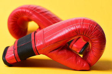 Boxing gloves in red color on yellow background.