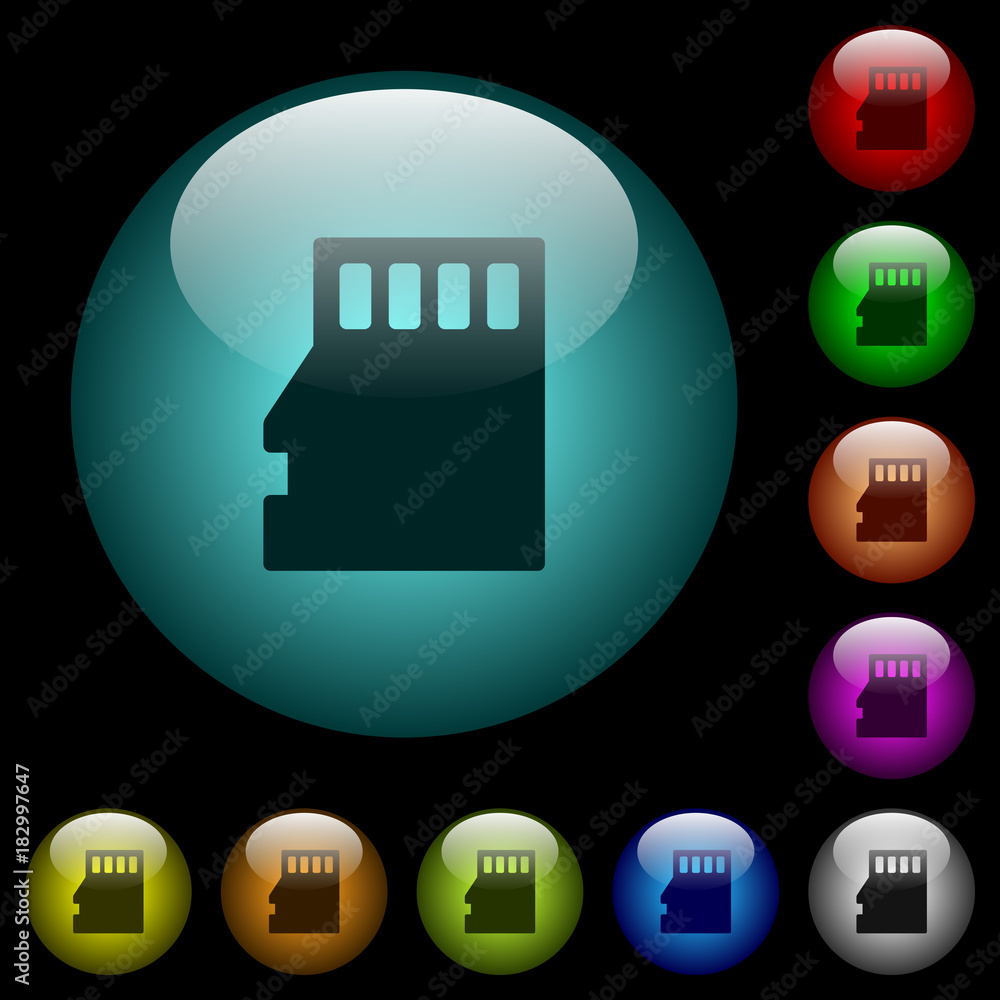 Poster micro sd memory card icons in color illuminated glass buttons