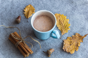 top view autumn composition cocoa cup oak leaves cinnamon sticks