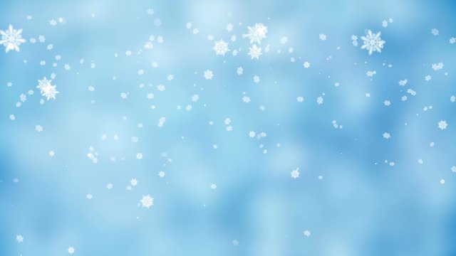 Frosty crystal snowflakes gently falling on icy snowy day, winter seasonal scene, white snow and frost, festive New Year and Christmas background with snowfall, abstract illustration, animation