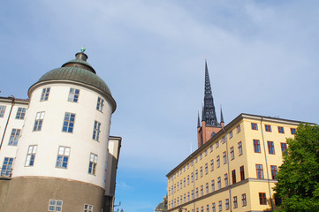 Cityscape of riddarholmen island old white tower and church Riddarholmen in Gamla stan old or city Stockholm, Sweden