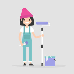 Smiling worker holding a paint roller. Renovating the house. Young character wearing a jumpsuit. Flat editable vector illustration, clip art