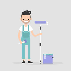 Smiling worker holding a paint roller. Renovating the house. Young character wearing a jumpsuit. Flat editable vector illustration, clip art