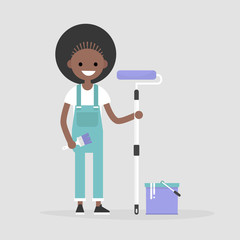 Fototapeta premium Smiling worker holding a paint roller. Renovating the house. Young character wearing a jumpsuit. Flat editable vector illustration, clip art