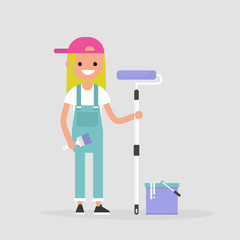 Smiling worker holding a paint roller. Renovating the house. Young character wearing a jumpsuit. Flat editable vector illustration, clip art