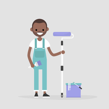 recommend clip art: Smiling worker holding a paint roller. Renovating the house. Young character wearing a jumpsuit. Flat editable vector illustration, clip art