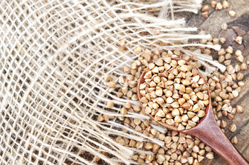 Wooden spoon of roasted buckwheat on buckwheat groat jar background, gluten free ancient grain for healthy diet, selective focus