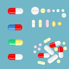 Vector pills and capsules in different colors, shapes and sizes, isolated objects