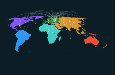 Fototapeta na wymiar Colored region world map vector background.