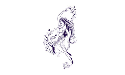 One of school subjects set, music, dance, vector coloring page, girl dancing next to treble clef