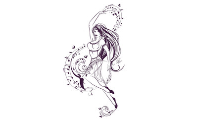 One of school subjects set, music, dance, vector coloring page, girl dancing next to treble clef