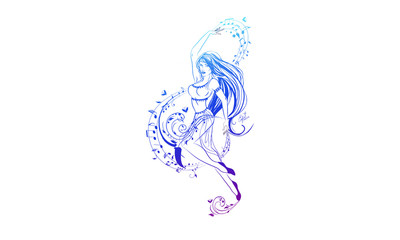 One of school subjects set, music, dance, vector coloring page, girl dancing next to treble clef