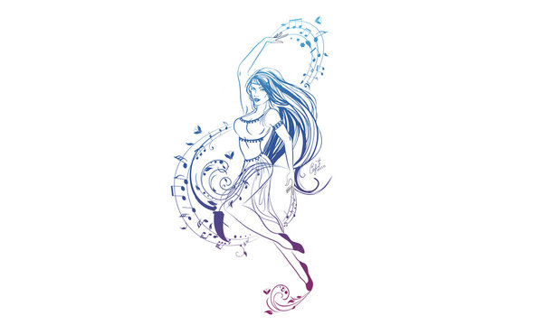 One of school subjects set, music, dance, vector coloring page, girl dancing next to treble clef