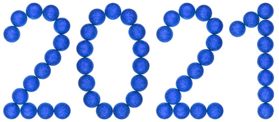Numeral 2021 from blue decorative balls, isolated on white background