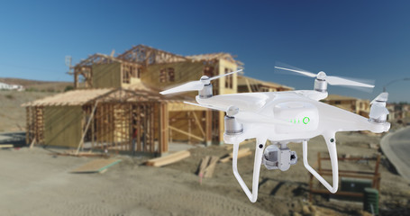 Unmanned Aircraft System (UAV) Quadcopter Drone In The Air Over Construction Site.