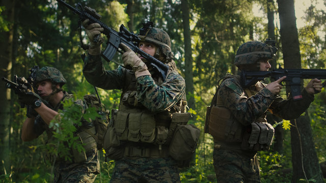 Fully Equipped Soldiers Wearing Camouflage Uniform Attacking Enemy, Rifles in Firing Position. Military Operation in Action, Squad Running in Formation Through Dense Forest. Side View Long Shot.