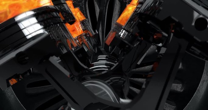 Close Up A Working V8 Engine Animation With Explosions And Sparks - Loop