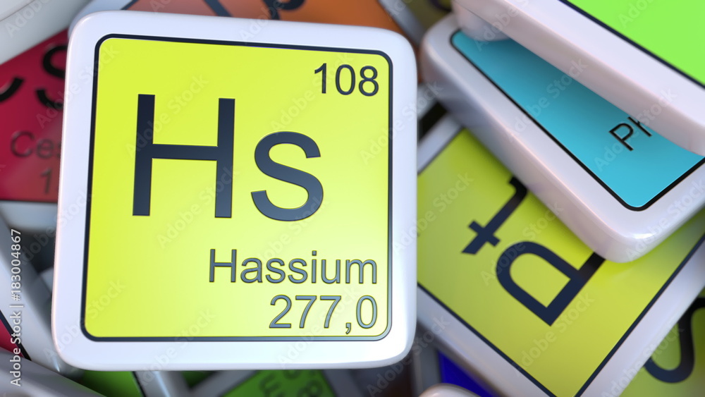 Poster hassium hs block on the pile of periodic table of the chemical elements blocks. 3d rendering