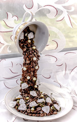 Grains of coffee from a cup of installation