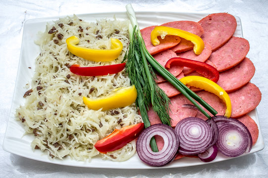 Sausage and vegetables sliced
