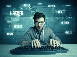 Hacker with keyboard and glasses