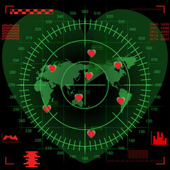 Digital radar screen of heart shape with world map, targets and futuristic user interface of green and red shades on dark background