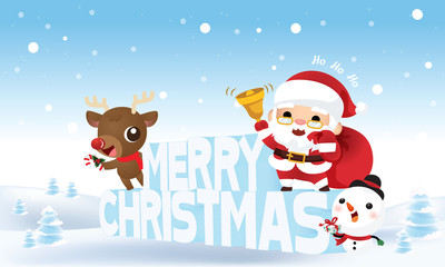 Fototapeta na wymiar Merry Christmas , Cute cartoon Santa Claus ,reindeer and snowman happy and celeblateon winter snowing background