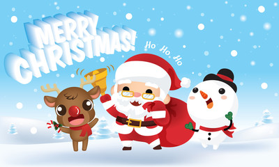 Merry Christmas , Cute cartoon Santa Claus ,reindeer and snowman happy and celeblateon winter snowing background