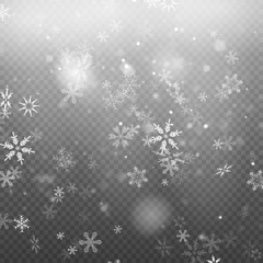 Falling Christmas snow fall isolated on transparent background. Pattern snowflake.